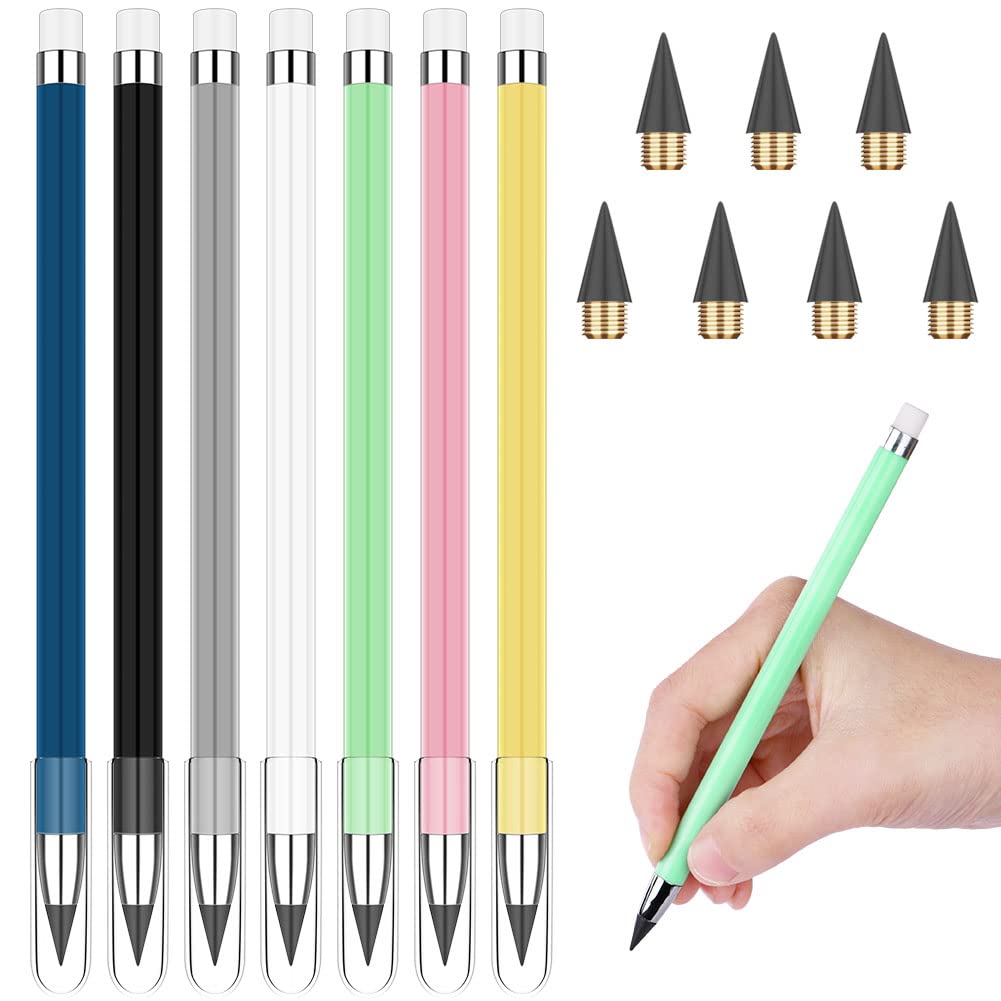 Ainiv 7 Pcs Inkless Pencil, Everlasting Pencil Infinity Pencil With Eraser, Reusable Infinite Pencil With Extra 7 Replaceable Ni