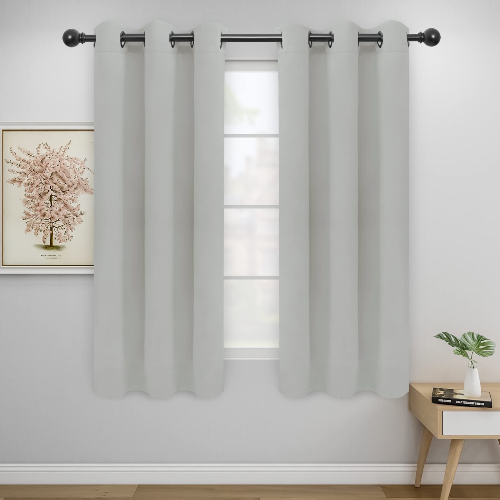 Easy-Going Blackout Curtains For Bedroom, Solid Thermal Insulated Grommet And Noise Reduction Window Drapes, Room Darkening Curtains For Living Room, 2 Panels(46X63 In, Greyish White)