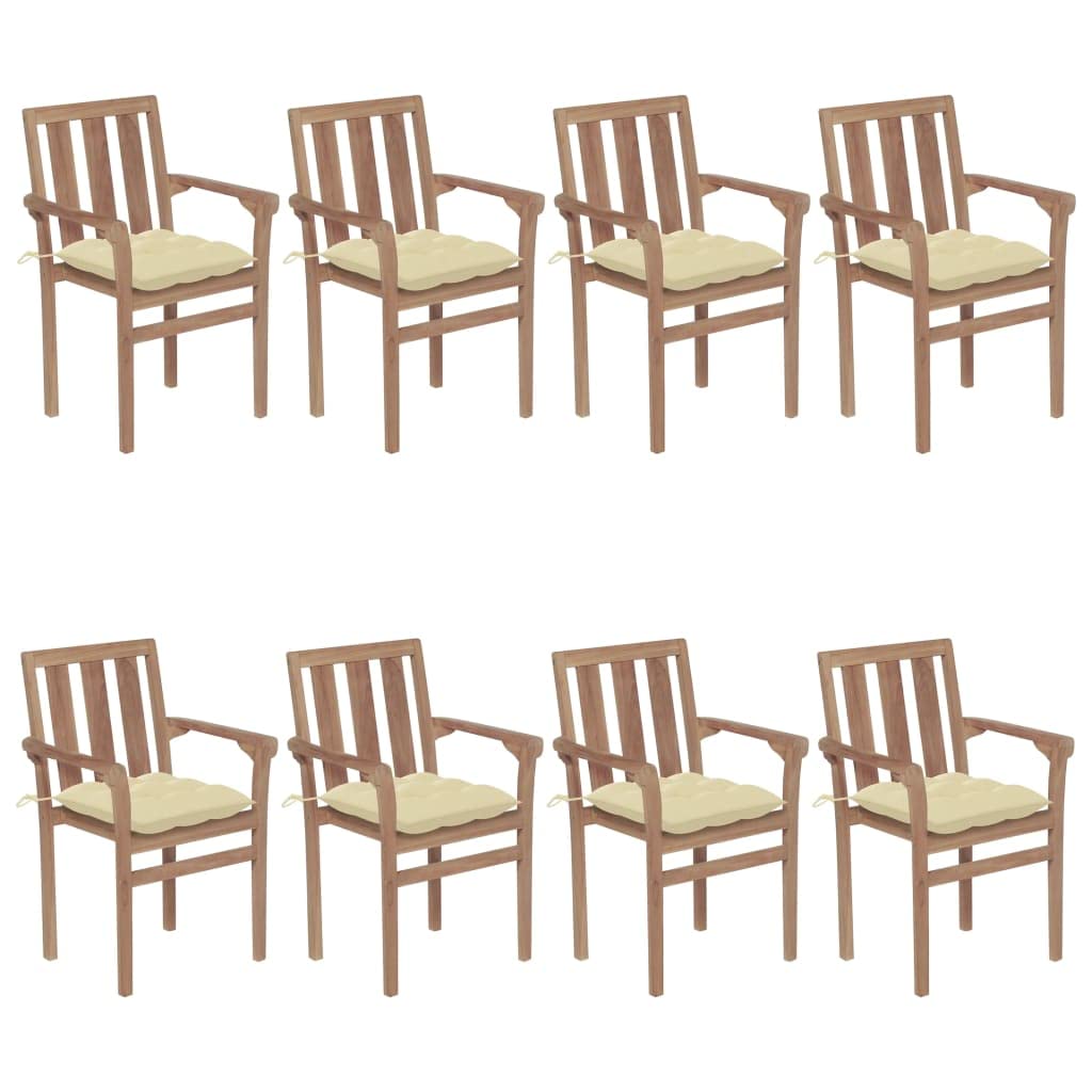 vidaXL Solid Teak Wood Stackable Patio Chairs with Cushions - 8 pcs Set, Weather Resistant, Suitable for Homes, Offices, Bars, and Cafes, Easy Assembly, Natural Wood Finish