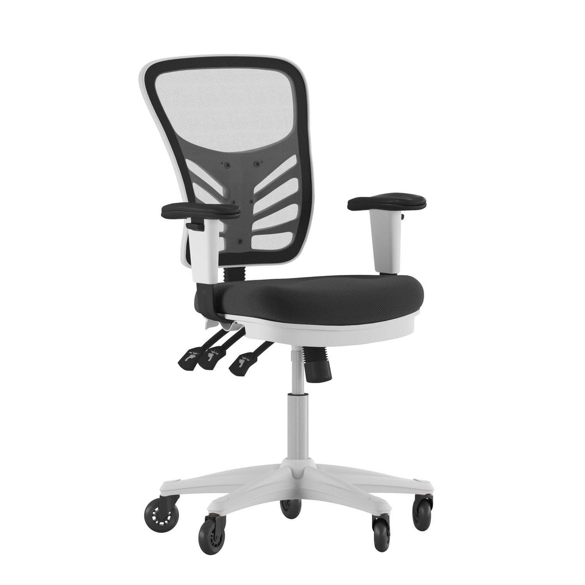 Flash Furniture Nicholas Mid-Back Multifunction Executive Swivel Ergonomic Office Chair With Adjustable Arms, Transparent Roller Wheels, And White Frame, 27&Quot;, Black Mesh