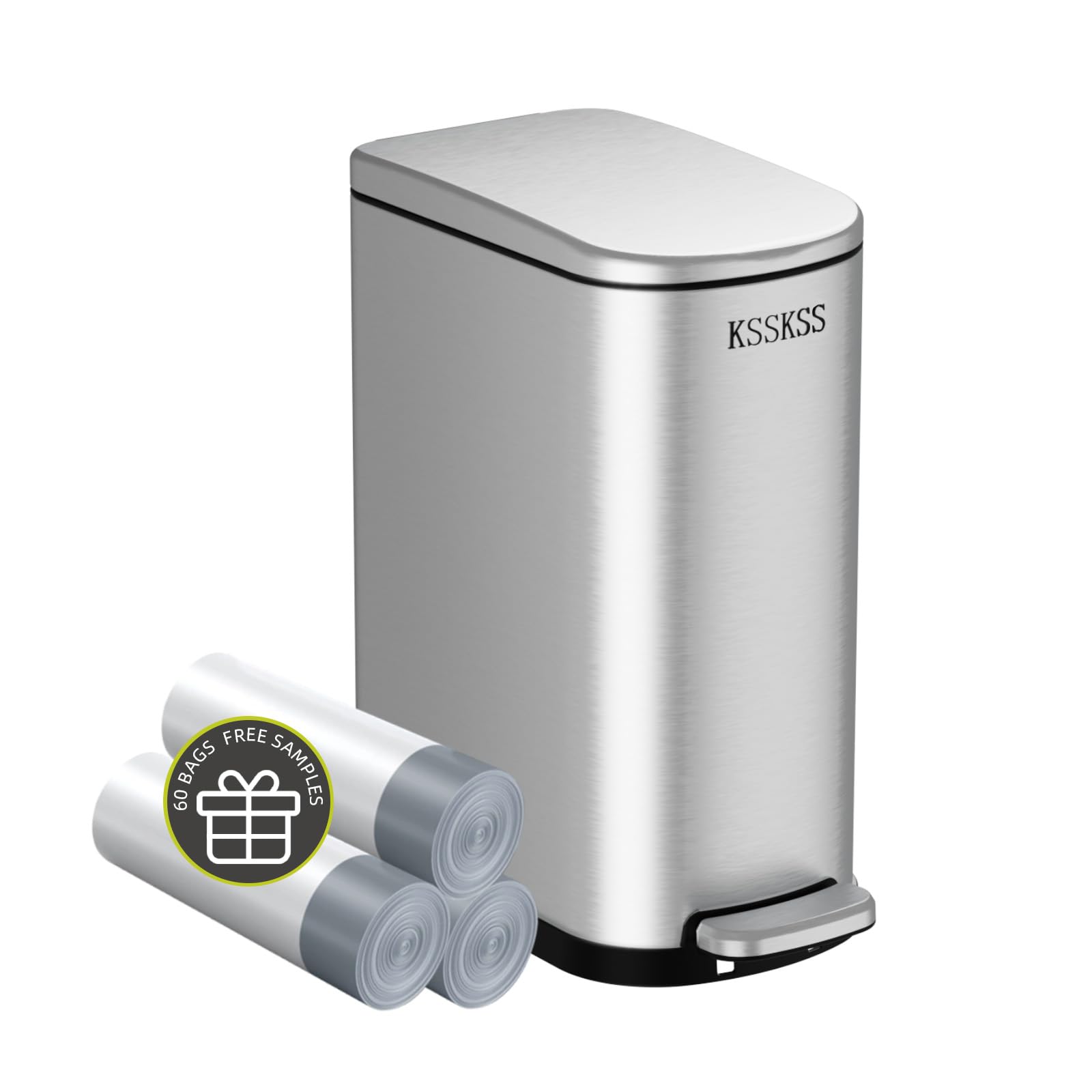 KSSKSS 2.6 Gallon Slim Bathroom Trash Can with Soft Close Lid, 10L Stainless Steel Garbage Can with Removable Liner Bucket, for 