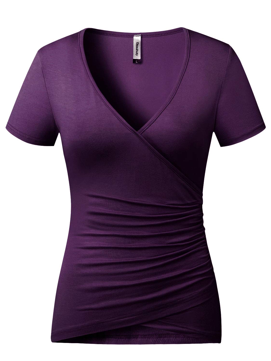 Beauhuty Womens Fitted Shirts Deep V Neck Ruched Tops Front Surplice Wrap T-Shirt Short Sleeve Tees (S, Short-Purple)