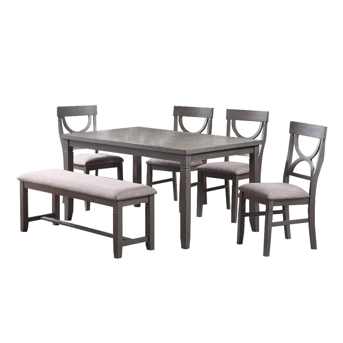 Benjara 6 Piece Dining Set With Cut Out Back Chairs And Padded Bench, White And Gray