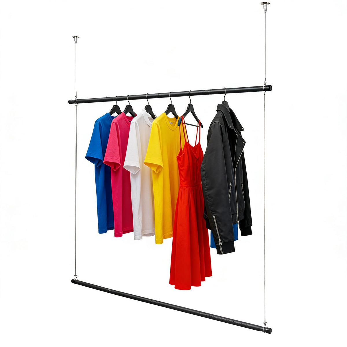 Ceiling Mounted Double Closet Rod, Adjustable 3083 Metal Clothing Rack with 10 ft Steel Wire Rope, Heavy Duty Clothes Hanging 