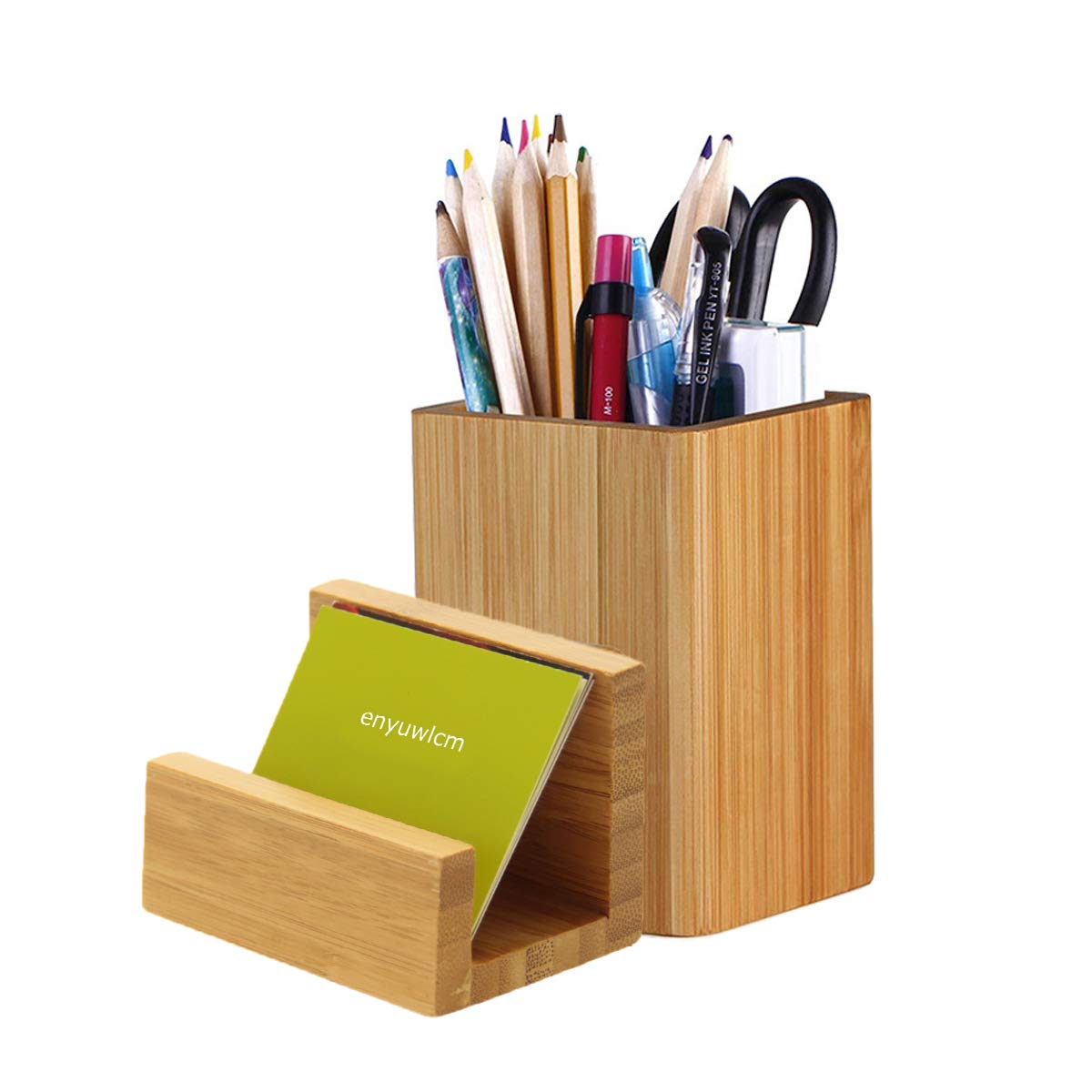 Enyuwlcm Bamboo Wooden Pen Holder Cup And Desk Business Card Holder Stand For Office Home School 2 Packs