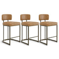 26 H Counter Height Bar Stools Set of 3, Modern Faux Leather Upholstered Barstools with Backrest for Kitchen Island, Gold Metal 