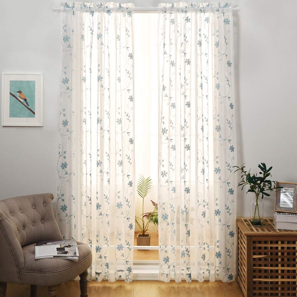 Floral Embroidery Sheer Curtains Blue 95 Inches Long, Window Treatments Rod Pocket Drapes For Living Room, Bedroom, Semi Crinkle