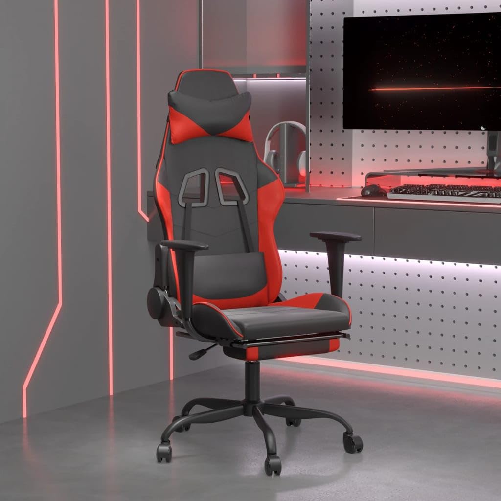 vidaXL Adjustable Gaming Chair with Footrest – Faux Leather, Black & Red, Modern Design, Comfortable Foam Filling