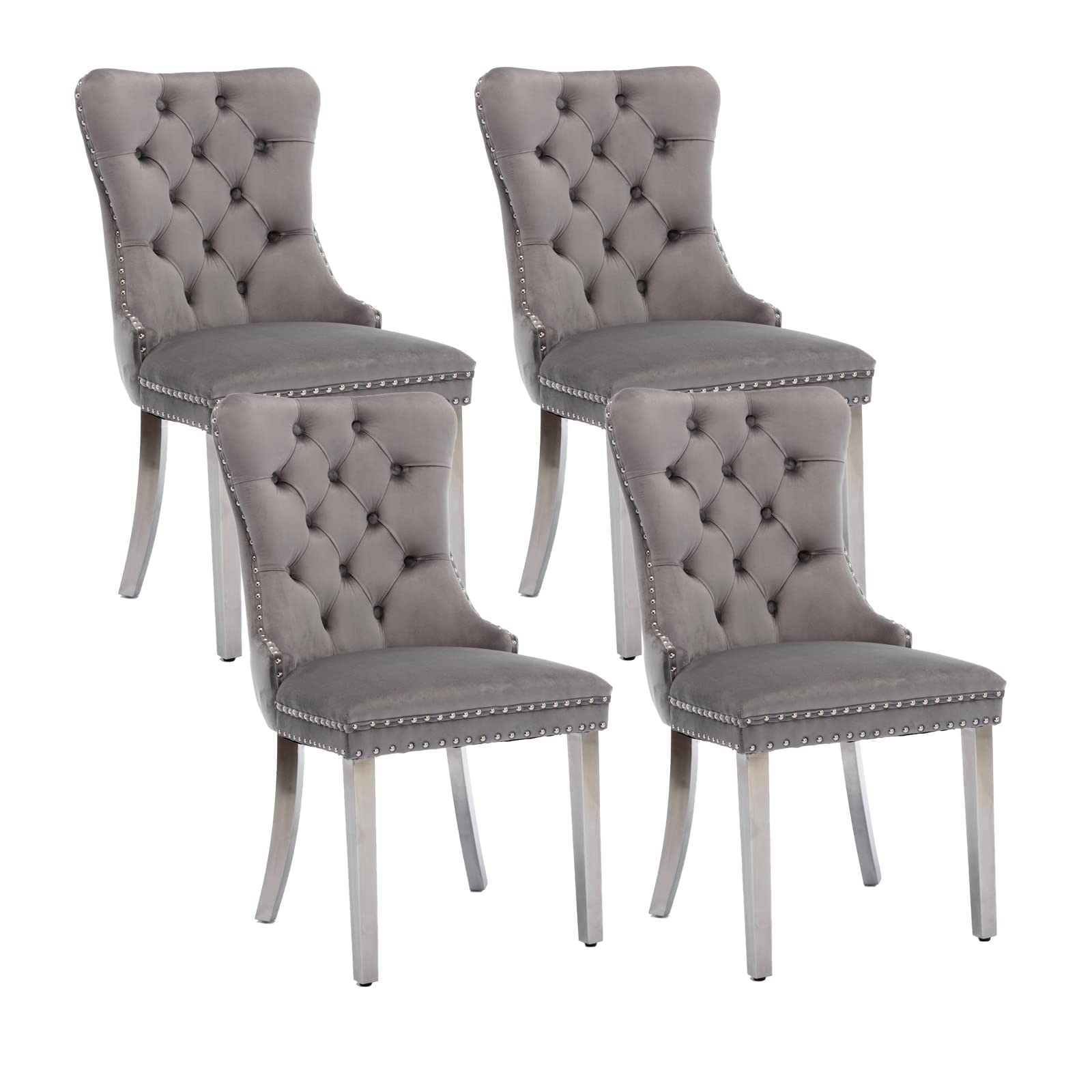 Dining Room Chairs Set Of 4, Velvet Upholstered Dining Chairs With Back Ring Pull Trim And Sliver Stainless Steel Legs,Modern Di
