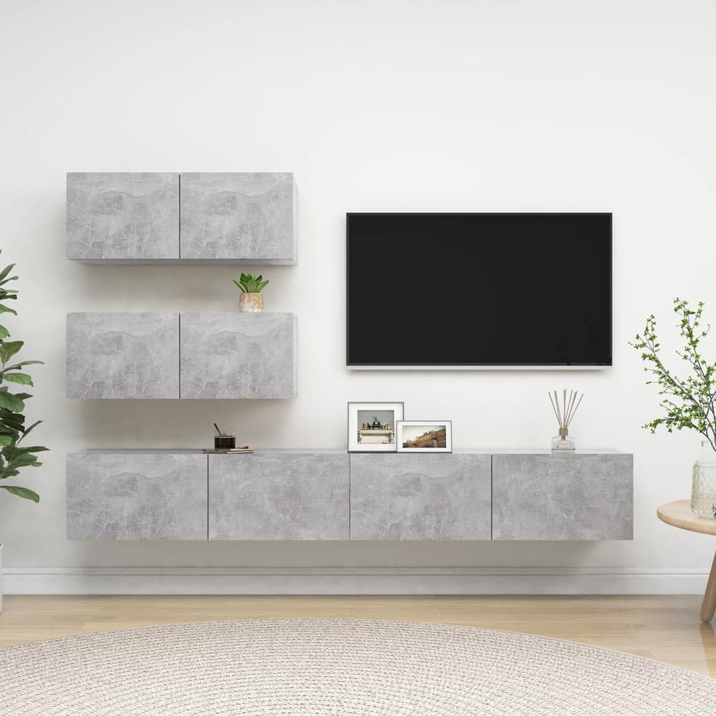 vidaXL Modern TV Cabinet Set - 4 Piece Design in Concrete Gray Engineered Wood - Wall Mounted Storage with Spacious Compartments for Living Room'