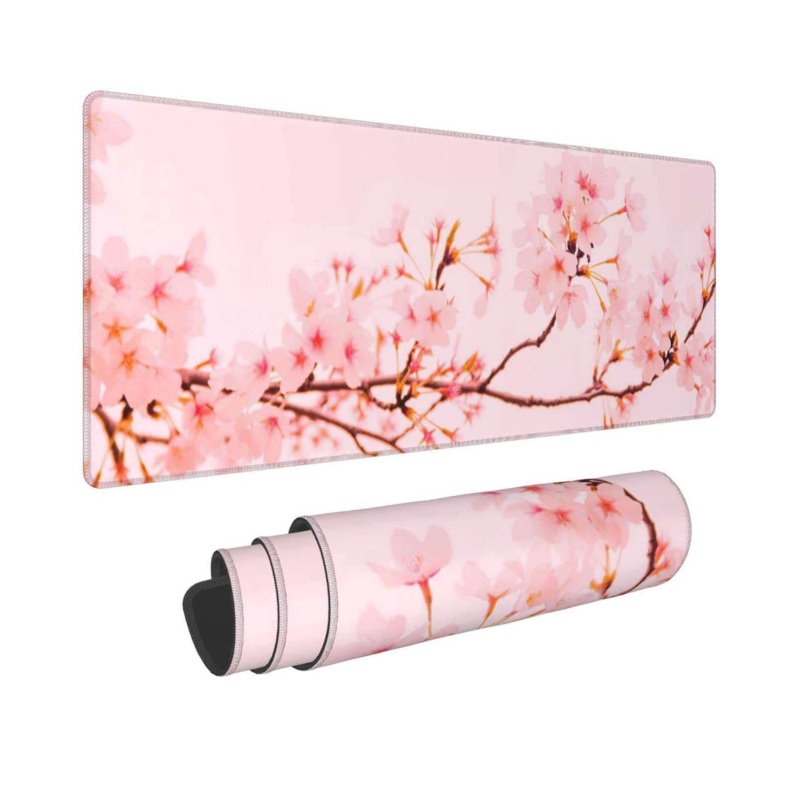 Caijizho Sakura Cherry Blossom Gaming Mouse Pad Xxl Large Office Desk Mat Non-Slip Waterproof Long Laptop Mat Pink Trees Paintin