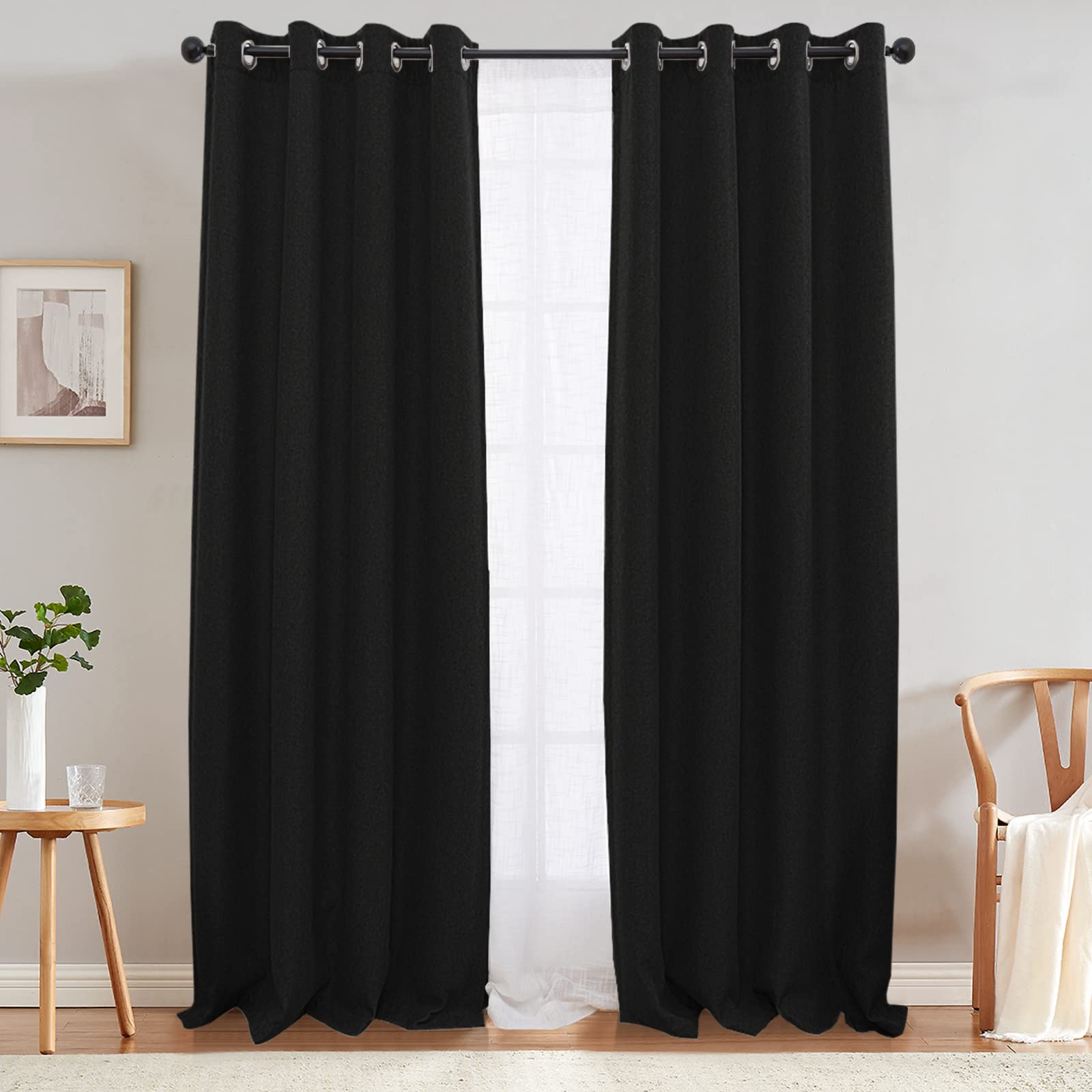 Jinchan Linen Textured Blackout Curtain 108 Inch Long For Bedroom Living Room Thermal Insulated Grommet Top Window Drape 52X108 Black 1 Panel