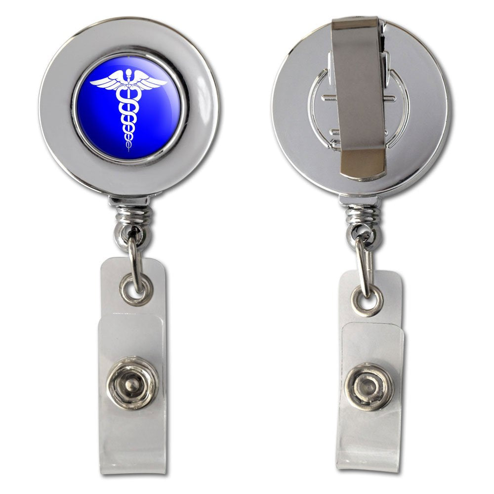 Caduceus Medical Symbol Blue - Doctor Md Rn Emt Retractable Reel Chrome Badge Id Card Holder Clip