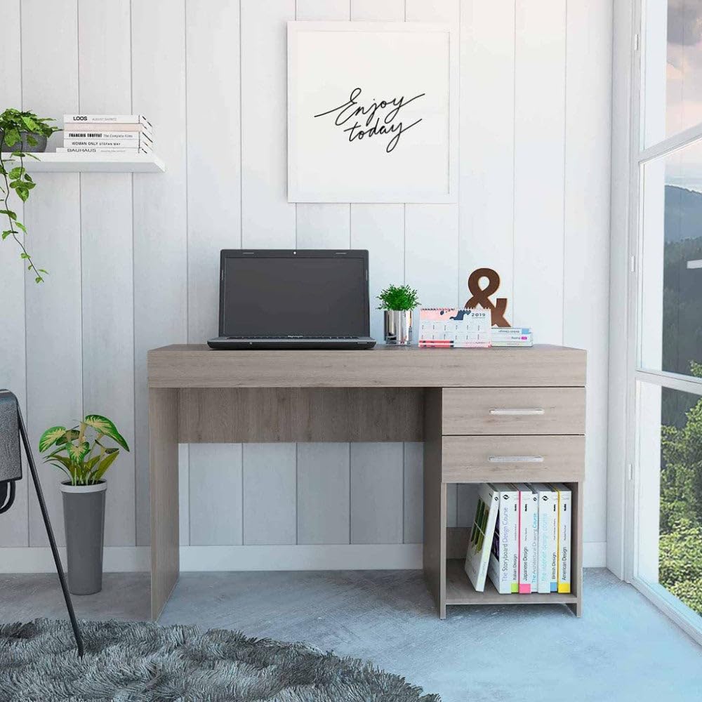 Computer Desk Limestone, Two Drawers - Light Gray