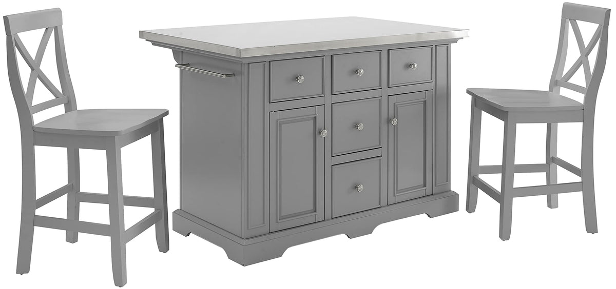 Crosley Furniture Julia Stainless Steel Top Island with Storage, Coffee Bar, and a Set of 2 X-Back Stools, Gray