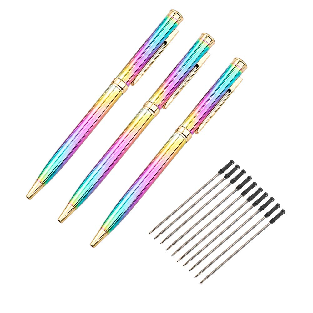 3 Pieces Rainbow Metal Ballpoint Pen Retractable Crystal Pens Creative Signature Pens With 10 Pcs Replacement Refills For Office