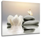EOBTAIN Zen Water Lily Canvas Wall Art White Floral and Yellow Butterfly on Stone Bedroom Wall Decor Modern Spiritual Yoga Spa P