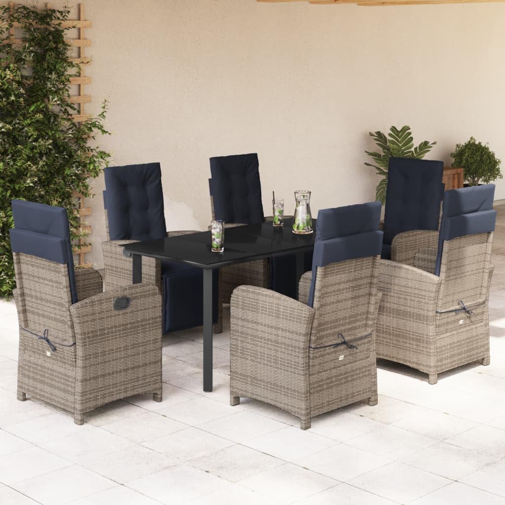 vidaXL 7-Piece Patio Dining Set - Adjustable Poly Rattan Recliners with Cushions, Tempered Glass Tabletop, Gray
