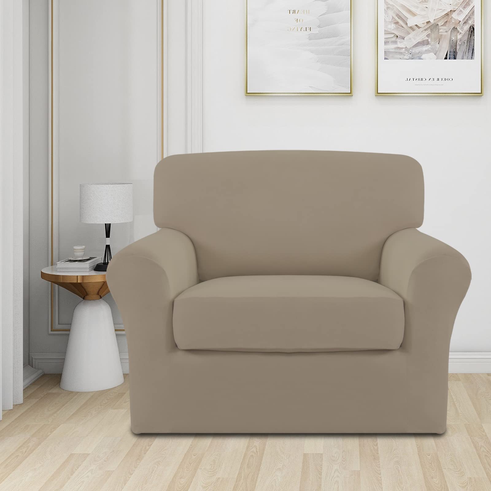 Easy-Going 2 Pieces Microfiber Stretch Chair Slipcover - Spandex Soft Fitted Sofa Couch Cover Washable Furniture Protector With Elastic Bottom Kids Pet Natural