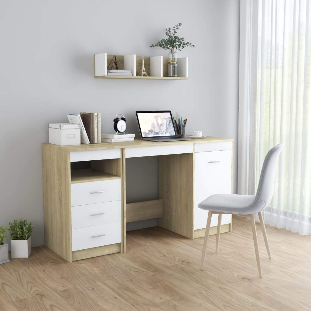 vidaXL Desk, Computer Desk with Storage Cabinet, Home Office Desk, Workstation for Living Room Bedroom, Modern, White and Sonoma Oak Engineered Wood
