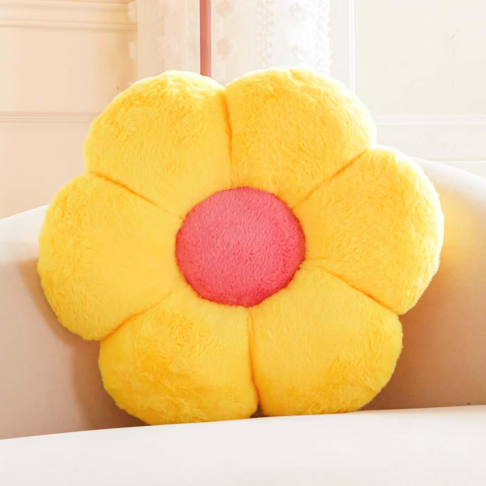 Kcvvcr Yellow Flower Pillow, Cute Decorative Flower Shaped Throw Pillow With Faux Rabbit Fur, 14.9'' Soft Flower Plush Throw Pil