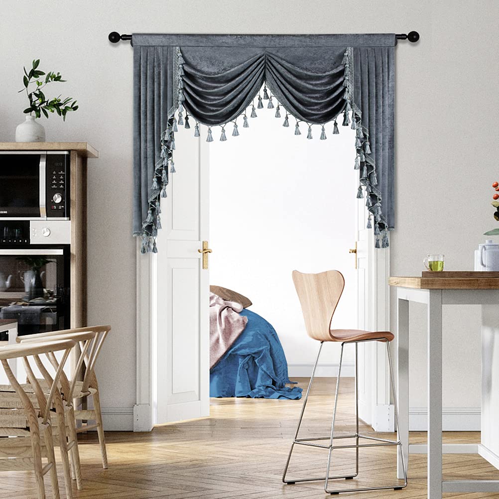 Elkca Thick Grey Chenille Window Curtains Valance For Living Room Swag Waterfall Valance For Bedroom,Rod Pocket (W69Inch, 1 Pane