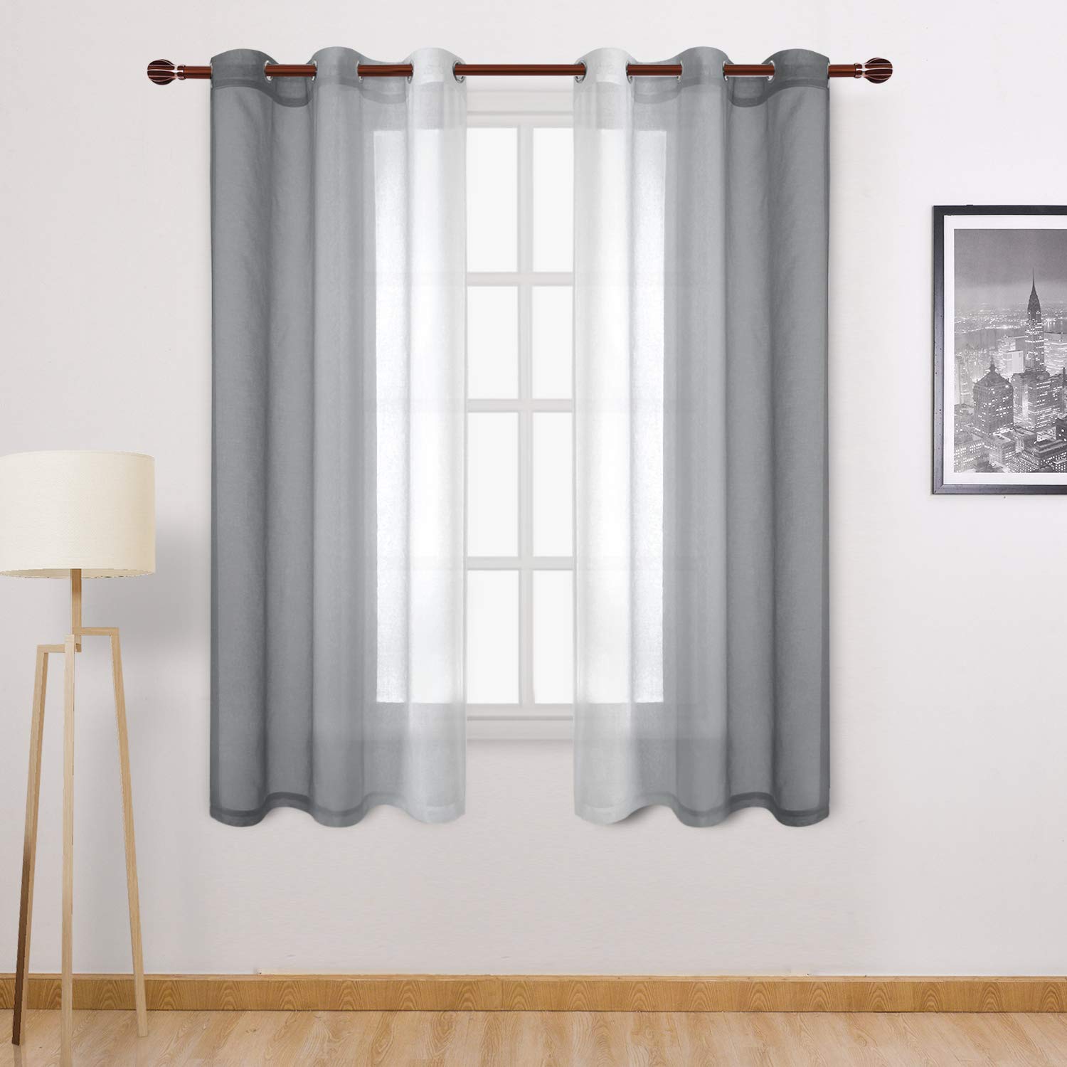 Dwcn Grey Ombre Sheer Curtains - Faux Linen Gradient Grommet Top Semi Voile Bedroom And Living Room Curtains, Set Of 2 Window Cu
