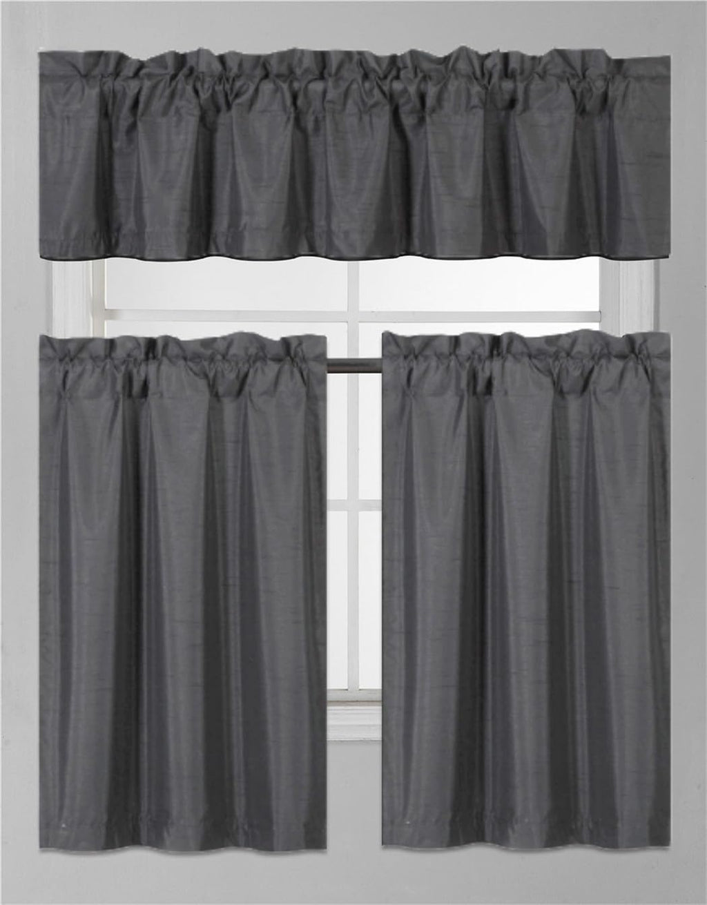 3Pc Set Solid Faux Silk Lined Blackout Rod Pocket Small Kitchen Window Curtain With Valance (K3) (Charcoal Grey)
