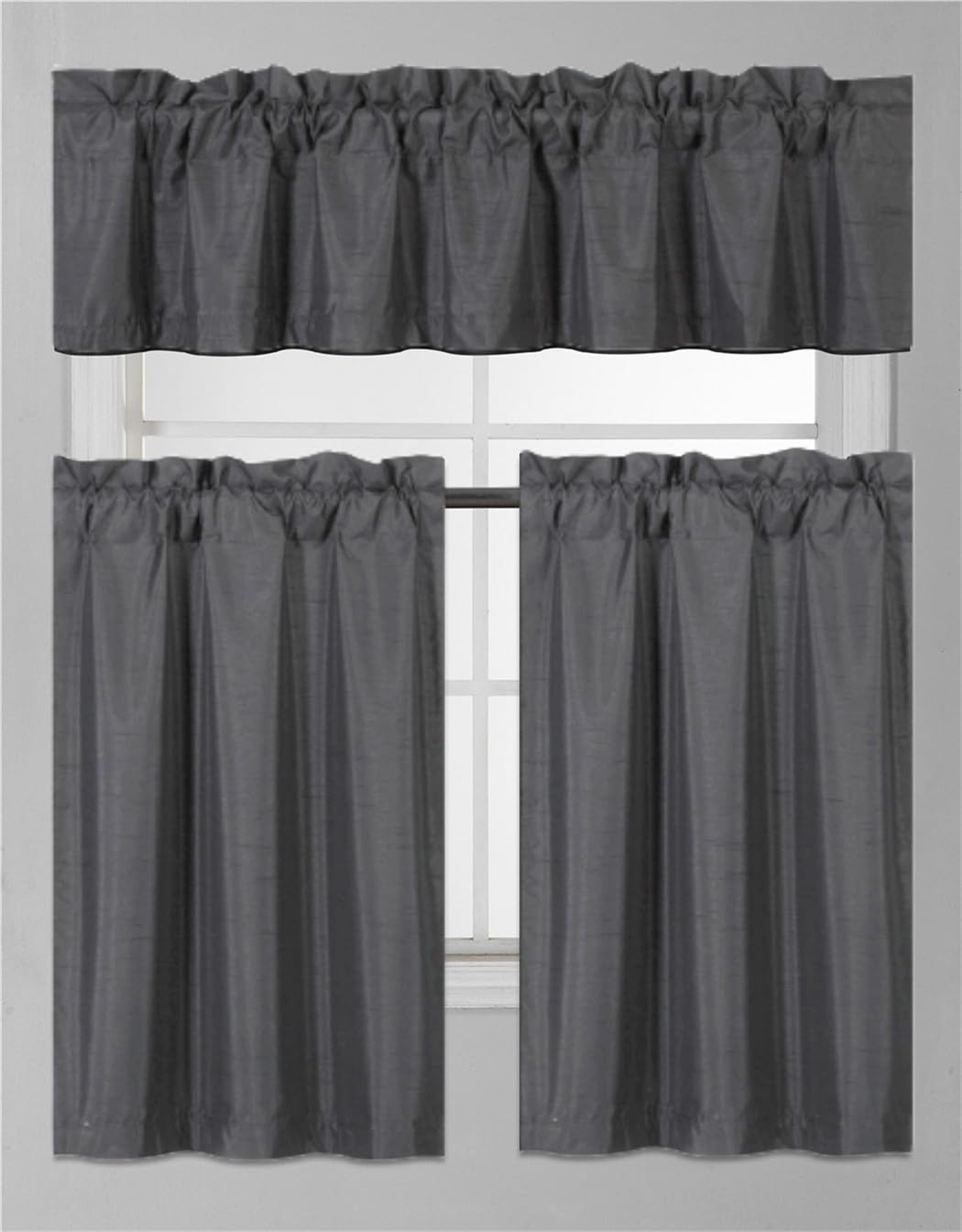 3Pc Set Solid Faux Silk Lined Blackout Rod Pocket Small Kitchen Window Curtain With Valance (K3) (Charcoal Grey)