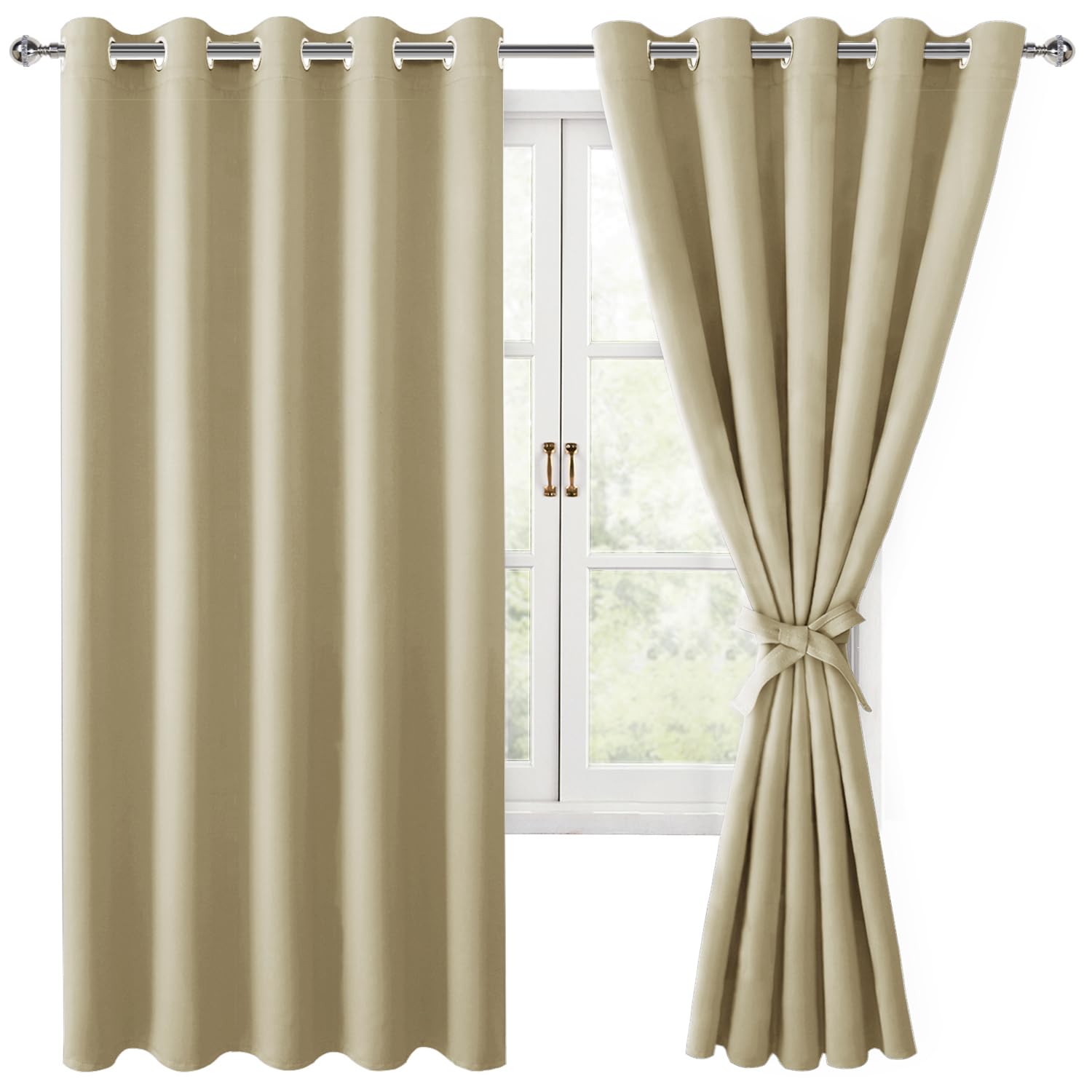 Hiasan Grommet Blackout Curtains For Bedroom, 70 X 63 Inches - Thermal Insulated & Light Blocking Window Drapes For Living Room/Dorm Room, Set Of 2 Panels Sewn With Tiebacks, Light Beige