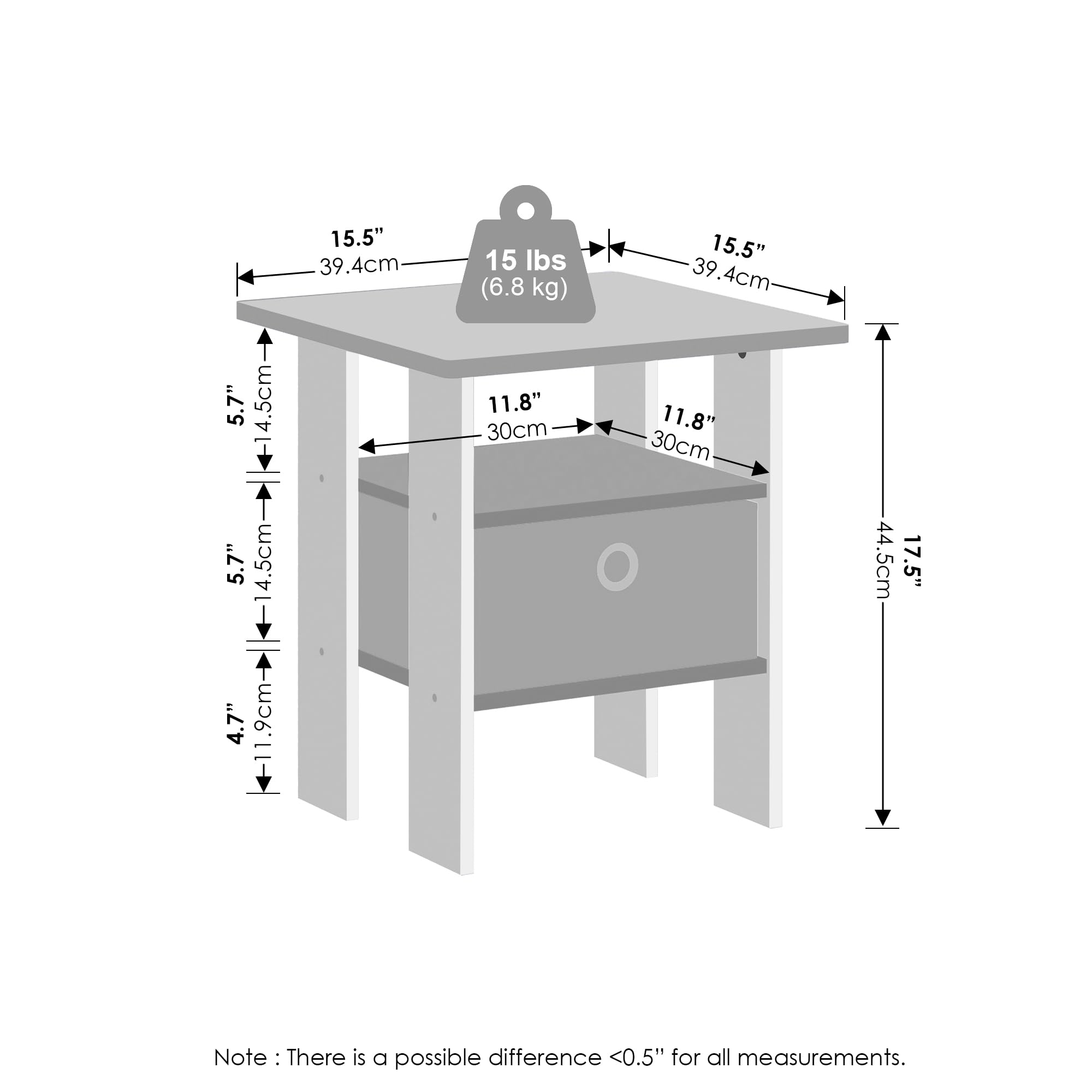 Furinno Tidur Bedside Table Nightstand With Bin Drawer, White/Black, Set Of 2