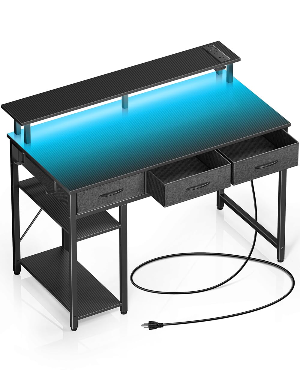 Rolanstar Computer Desk With Power Outlets & Led Light, 39 Inch Home Office Desk With 3 Drawers And Storage Shelves, Writing Desk With Monitor Stand, Modern Work Desk For Home Office, Carbon Black