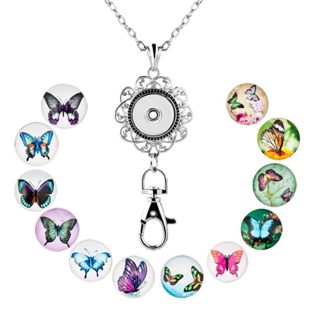 Cooljewelry Office Lanyard Id Necklace Snap Glass Button Badge Holder Noosa Clip Press Button Interchangeable Butterfly Pendant