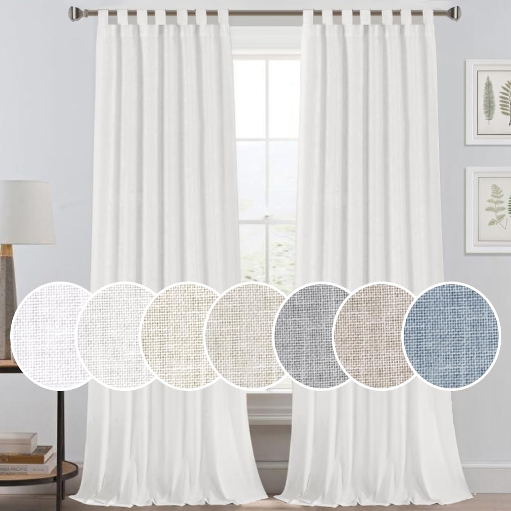 PrinceDeco Natural Linen Curtains Rich Soft Linen Curtains for Living Room Tab Top Window Treatments Panels Extra Long Highly Du