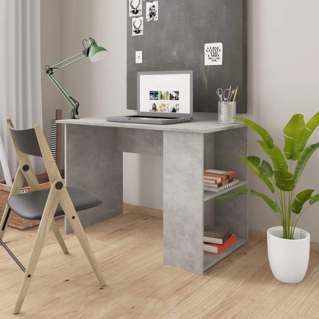vidaXL Engineered Wood Desk - Sleek Contemporary Office Workstation with 2 Shelves in Concrete Gray - Perfect for Study Environments, Dormitories and Small Spaces