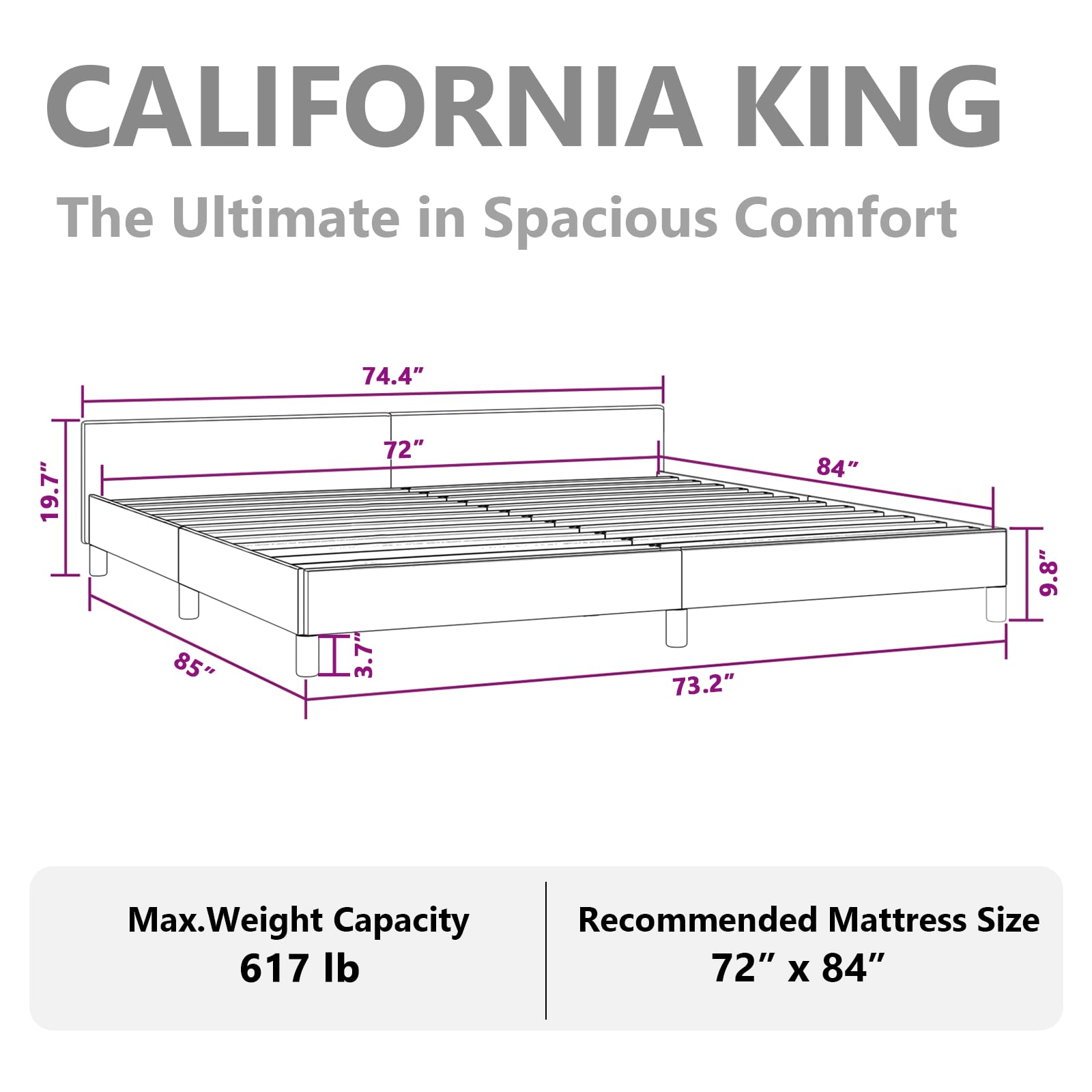 vidaXL Velvet Bed Frame Platform Bed, Scandinavian Style/Slats Support/No Box Spring Needed/Without Mattress/Easy Assembly, Light Grey California King Bed