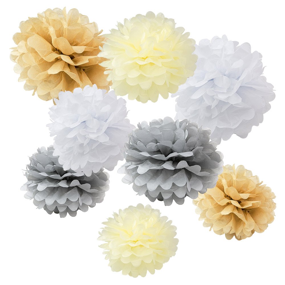 WYZworks Set of 8 (Assorted Elegant Color Pack) 10 12 16 DIY Tissue Pom Poms Flower, Halloween Party ,Decorations for Weddings, 