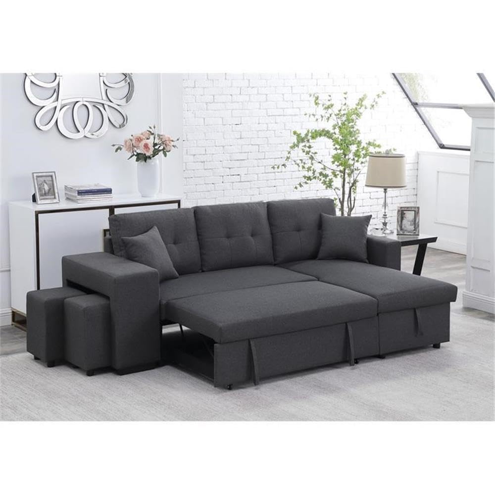 Lilola Home Dennis Dark Gray Linen Fabric Reversible Sleeper Sectional with Storage Chaise and 2 Stools