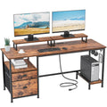 Furologee Desk With Drawer And Power Outlets, 55' Large Compter Desk With Fabric File Cabinet And 2 Movable Monitor Shelf, Writing Gaming Table With Cpu Stand And 2 Hooks For Home Office, Rustic Brown