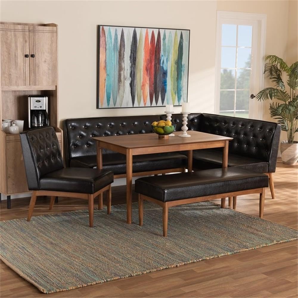 Baxton Studio Riordan Mid-Century Modern Dark Brown Faux Leather Upholstered and Walnut Brown Finished Wood 5-Piece Dining Nook Set