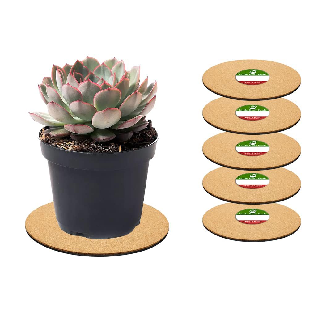 Little Bear Peak Cork Plant Mats (12' Diameter, 5-Pack) With A Rubber Base - Absorbent Round Plant Coasters For Kitchen - Hot P