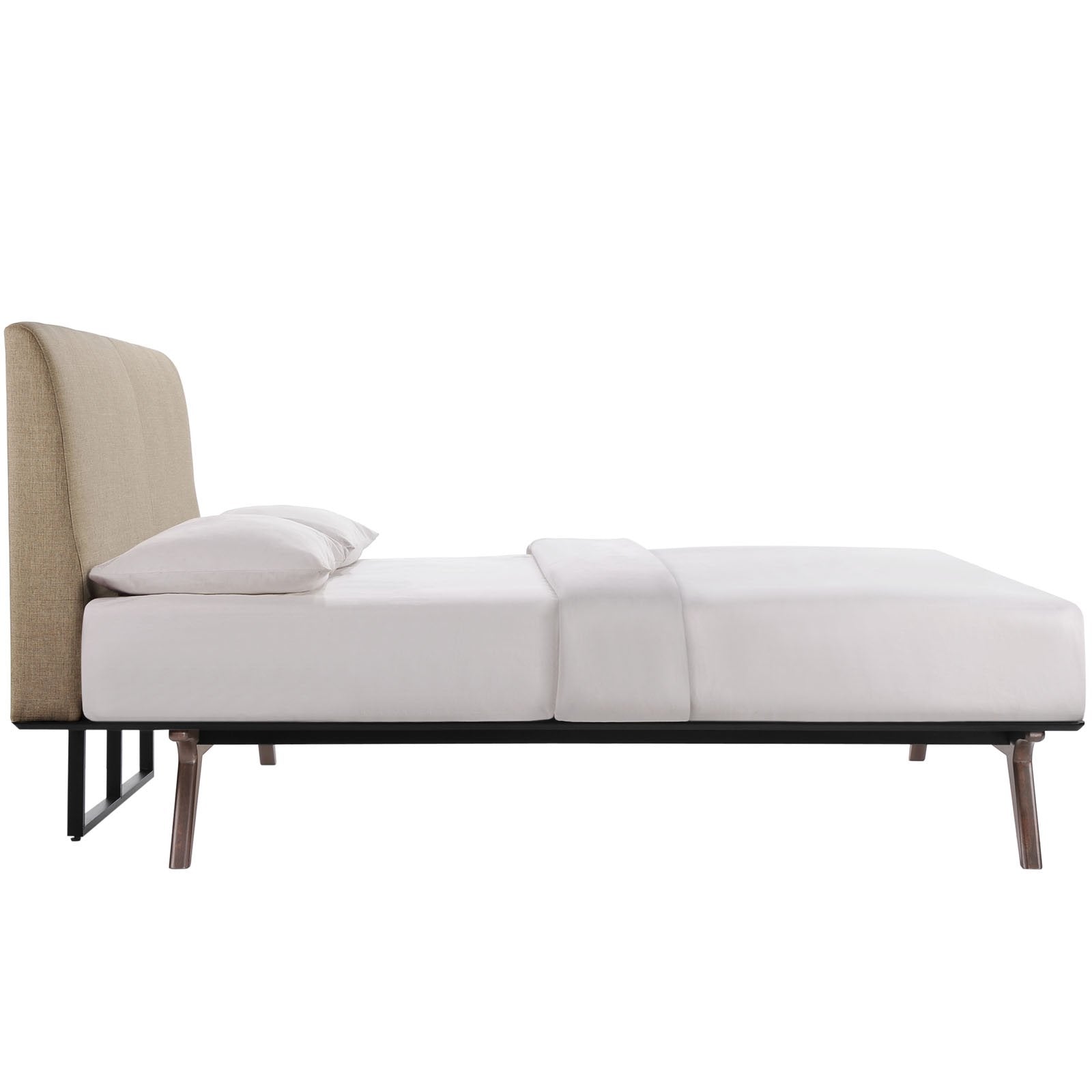 Modway Tracy Mid-Century Modern Wood Platform Queen Size Bed with a Nightstand in Cappuccino Latte