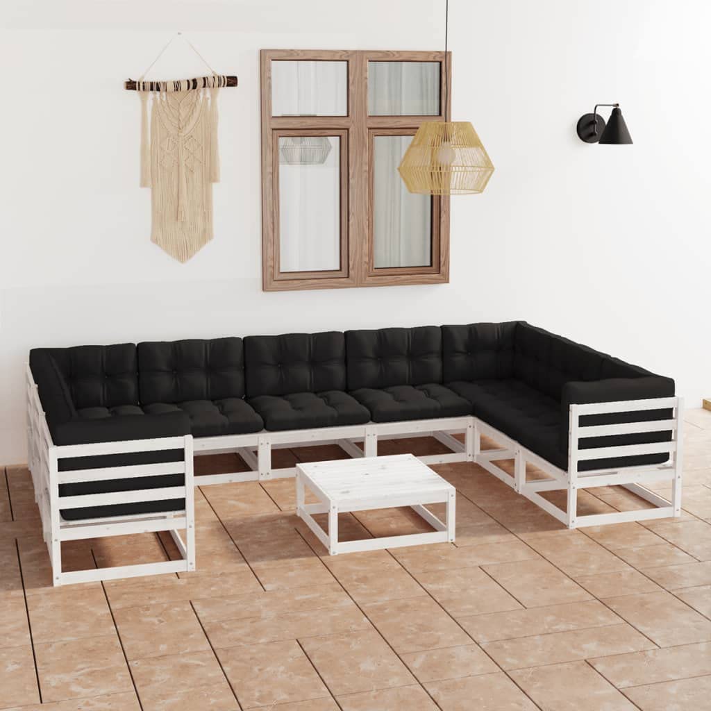 vidaXL Solid Pinewood Patio Lounge Set with Cushions 10 Piece Garden Outdoor Balcony Backyard Terrace Lounge Seating Home Furniture Set White