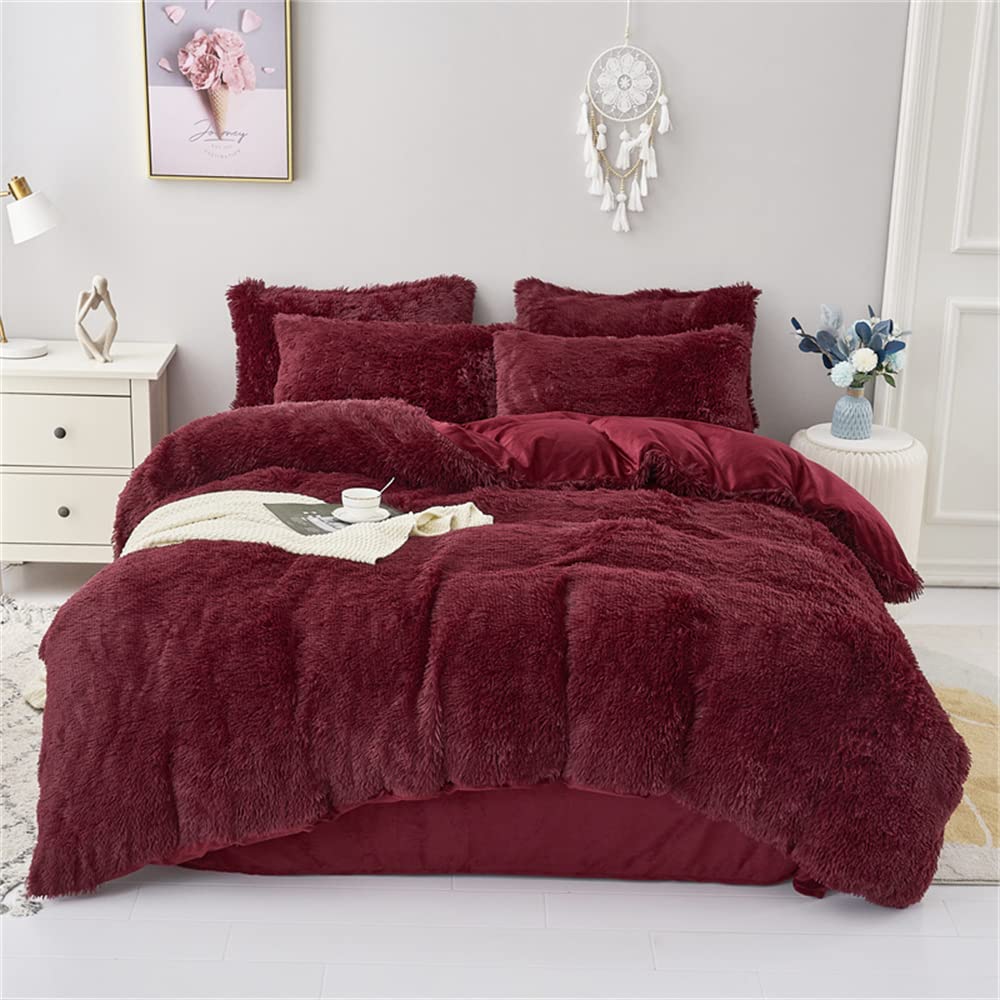 chovy Faux Fur Plush Wine Red Comforter Sets Twin/Full Size - Ultra Soft Shaggy Flannel Velvet Fluffy Fuzzy 3PC Bedding Set (Com