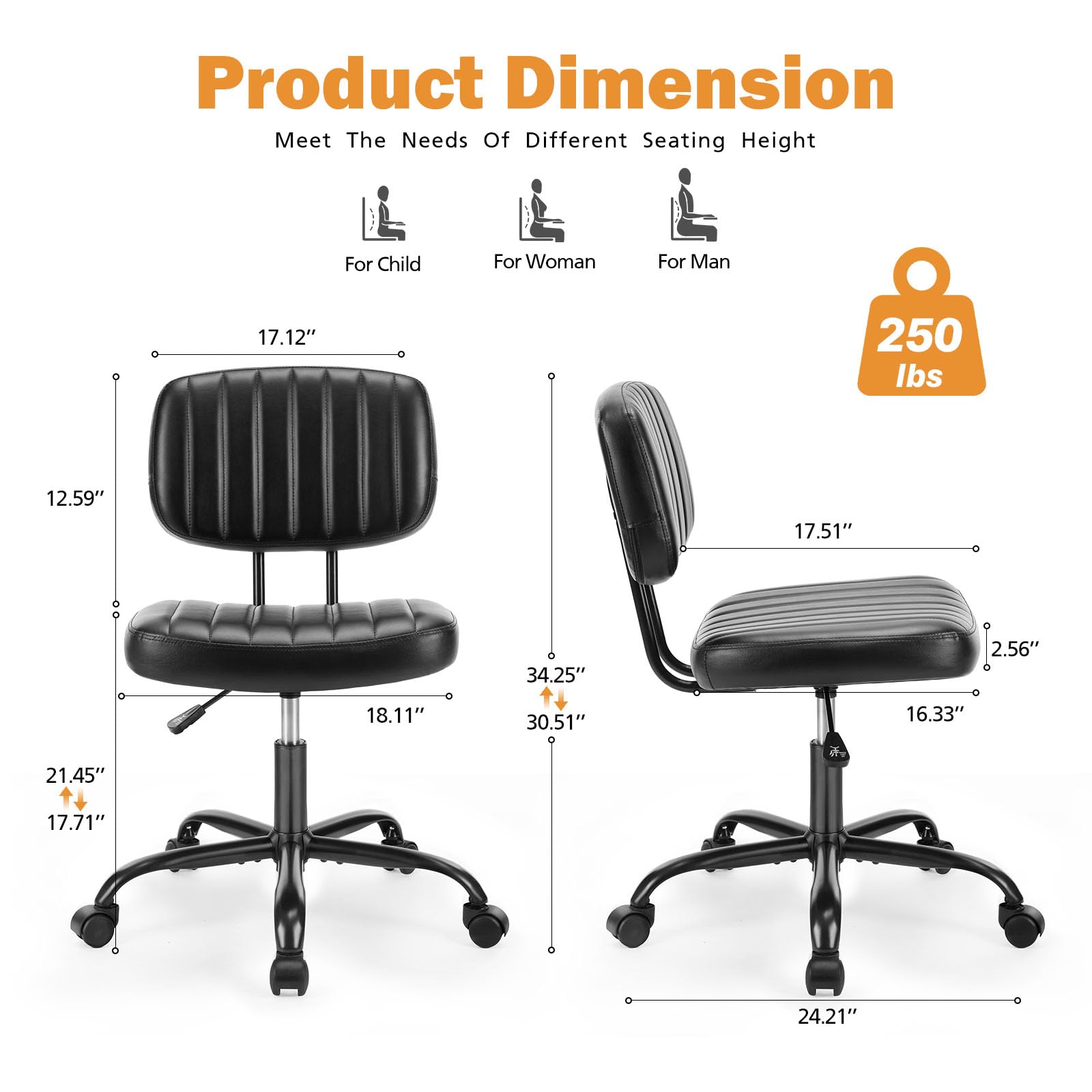 Sweetcrispy Small Office Desk Chair With Wheels Armless Comfy Computer Chair With Lumbar Support, Pu Leather Low Back Adjustable Height 360° Rolling Swivel Task Chair Without Arm For Home, Bedroom