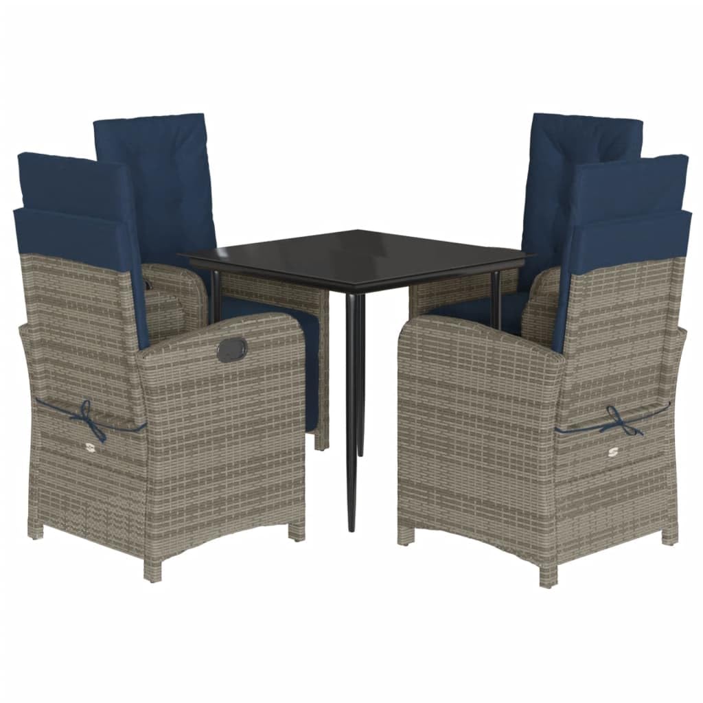 vidaXL 5-Piece Patio Dining Set with Adjustable Gray Poly Rattan Recliners/Tempered Glass Table/Detachable Navy Blue Cushions/Outdoor Garden Furniture