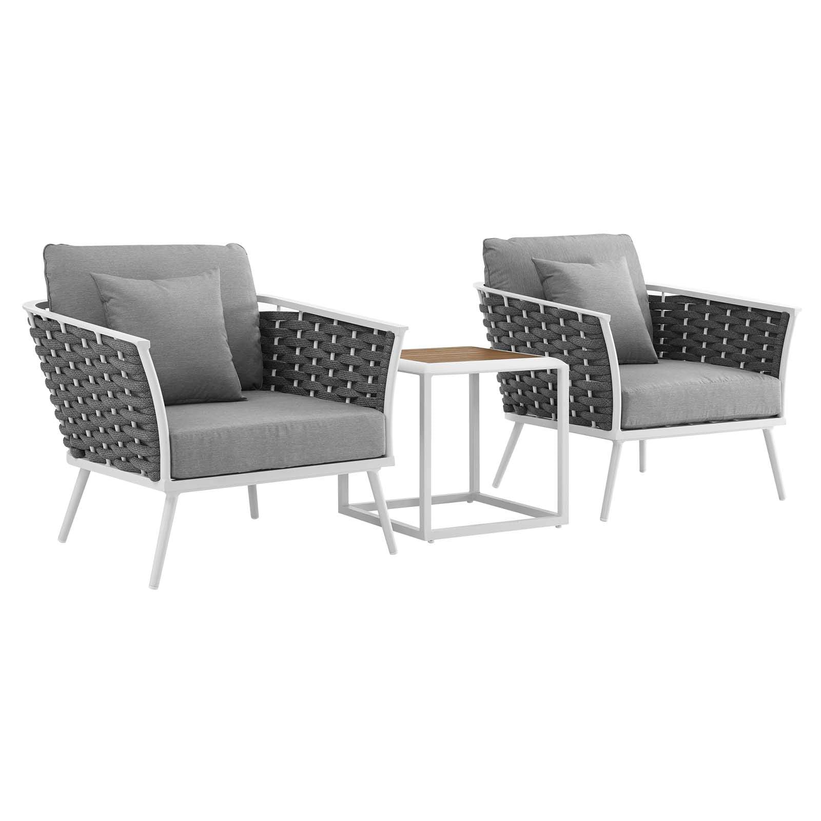 Modway Stance Outdoor Patio Aluminum, Side Table And Two Armchairs, White Gray