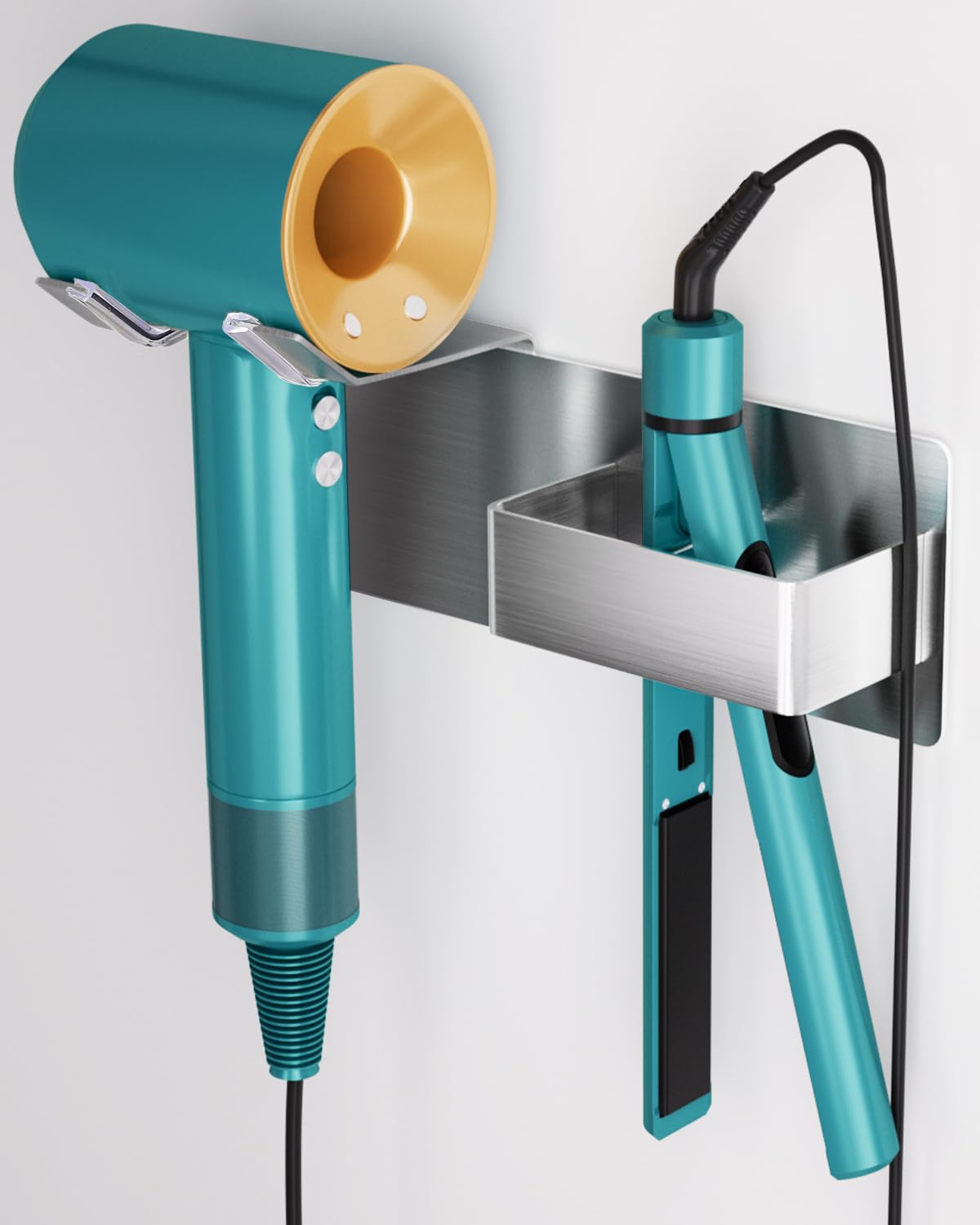 Hair Dryer Holder Wall Mounted, Stainless Steel Blow Dryer Holder for Bathroom, Hair Dryer and Straightener Holder Adhesive or D