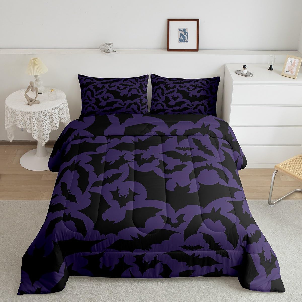 Halloween Themed Bedding Set King Size,Black Bats Animal Print Comforter Set Room Decor for Couple,Dark Purple Color Microfiber 