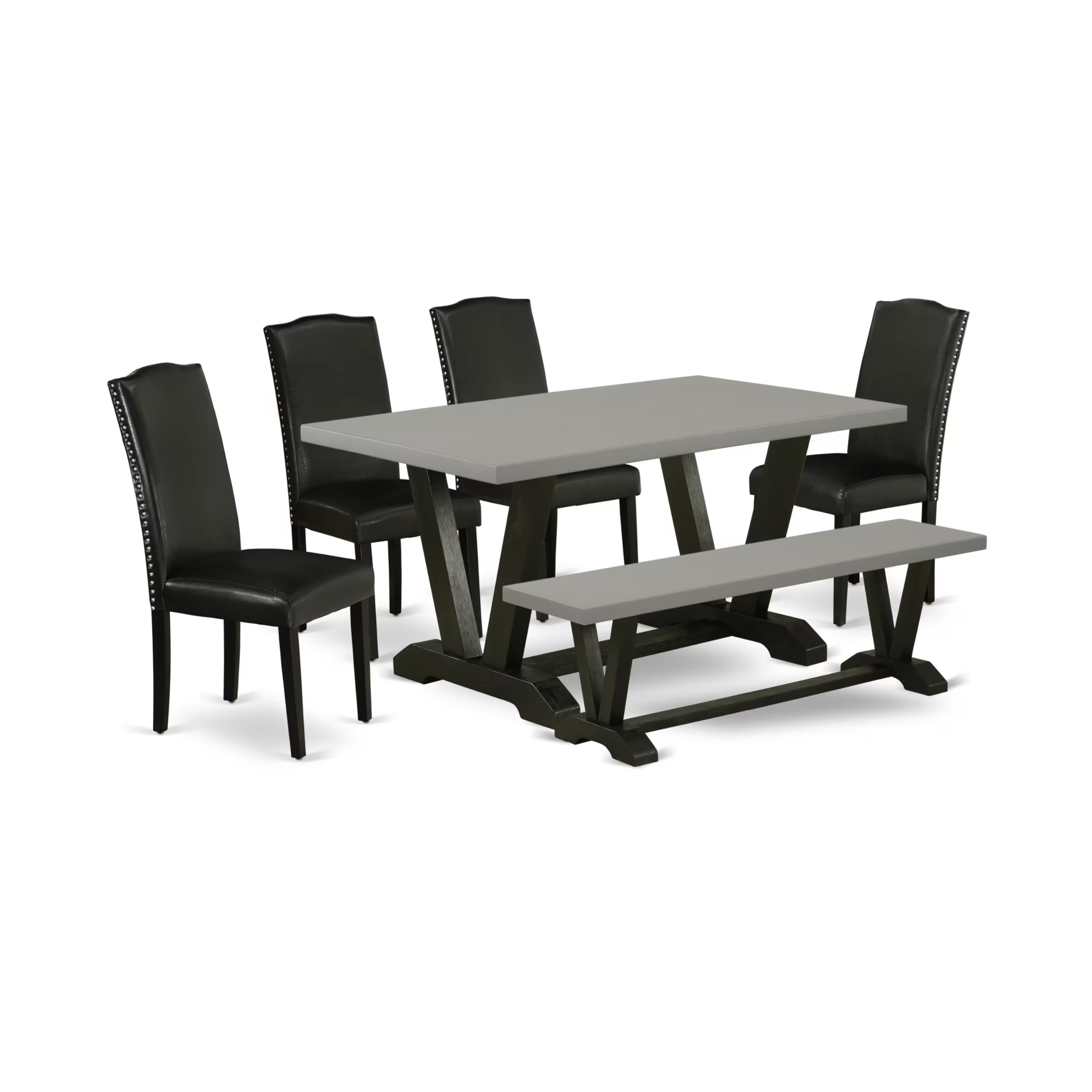 East West Furniture V696En169-6 6 Piece Dinette Set Contains A Rectangle Dining Room Table With V-Legs And 4 Black Faux Leather Upholstered Chairs With A Bench, 36X60 Inch, Multi-Color